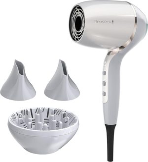 Remington Proluxe HydraCare hair dryer in pearl white with diffuser and concentrators