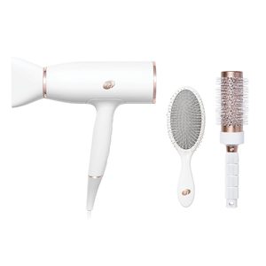 T3 AireLuxe hair dryer in white and rose gold with brushes